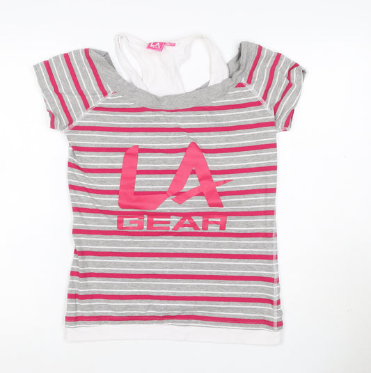 LA Gear Women’s Grey Pink Striped Layered V-Neck T-Shirt UK 12