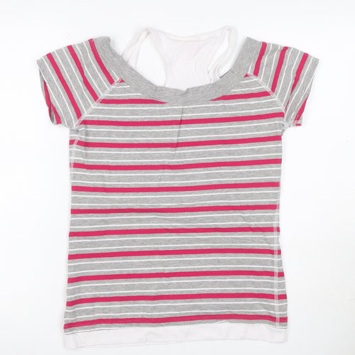 LA Gear Women’s Grey Pink Striped Layered V-Neck T-Shirt UK 12