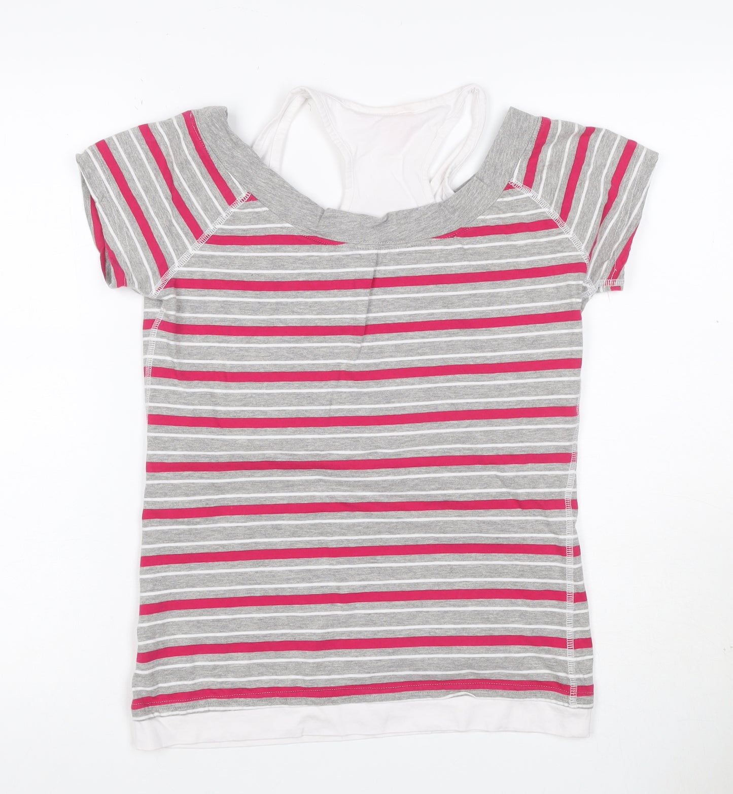 LA Gear Women’s Grey Pink Striped Layered V-Neck T-Shirt UK 12
