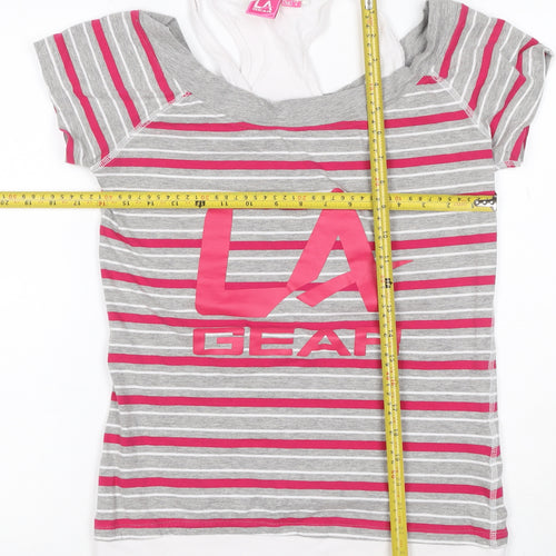LA Gear Women’s Grey Pink Striped Layered V-Neck T-Shirt UK 12