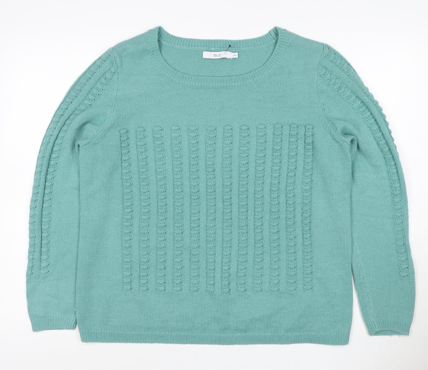 Isle Women Green XL Cable Knit Crew Neck Pullover Jumper