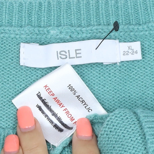 Isle Women Green XL Cable Knit Crew Neck Pullover Jumper