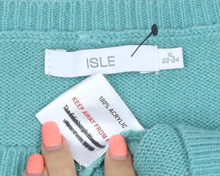 Isle Women Green XL Cable Knit Crew Neck Pullover Jumper