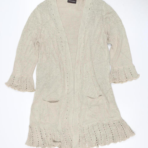 Principles Women Beige UK 16 Open Knit Waterfall Cardigan Bell Sleeve