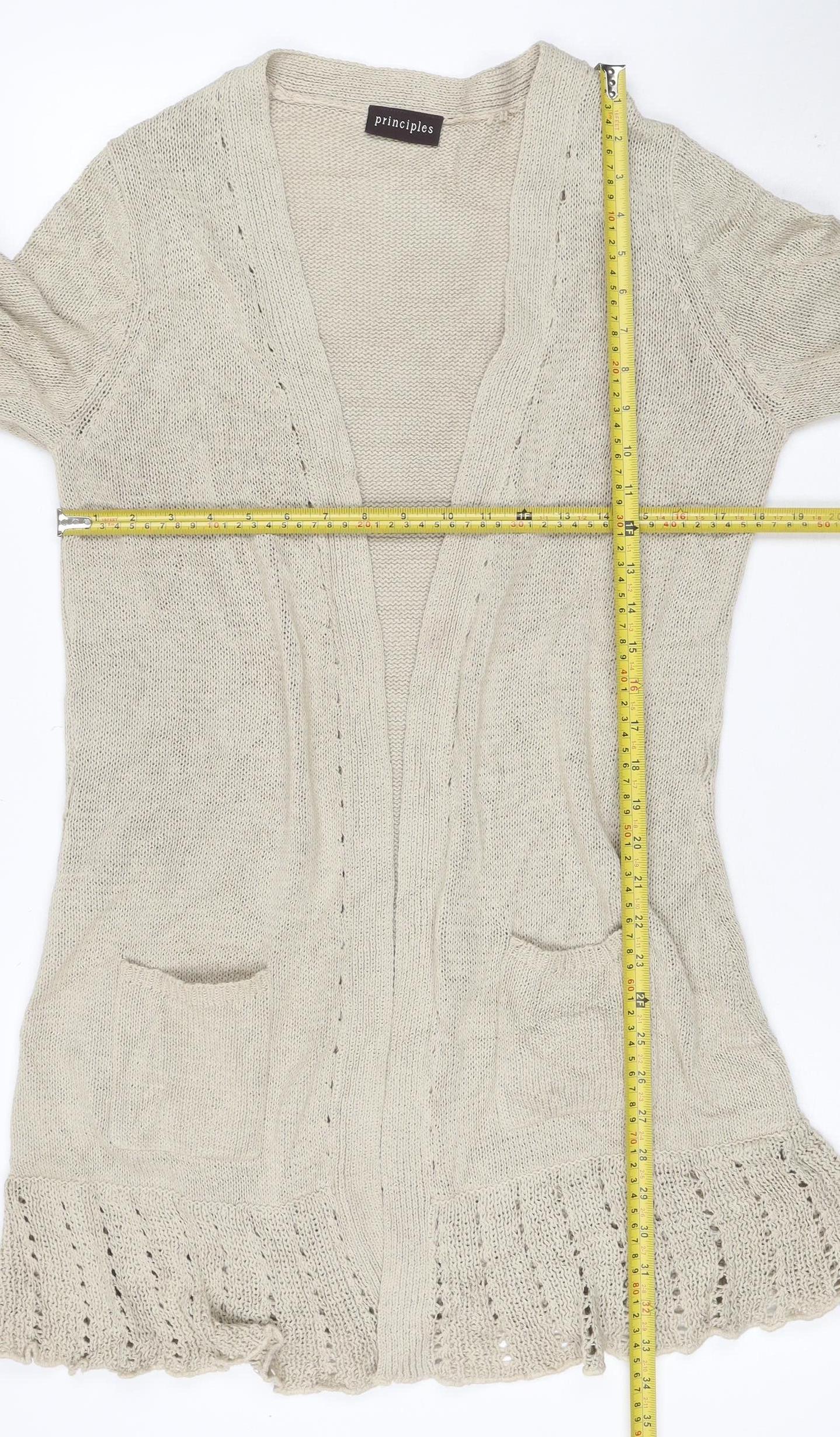 Principles Women Beige UK 16 Open Knit Waterfall Cardigan Bell Sleeve