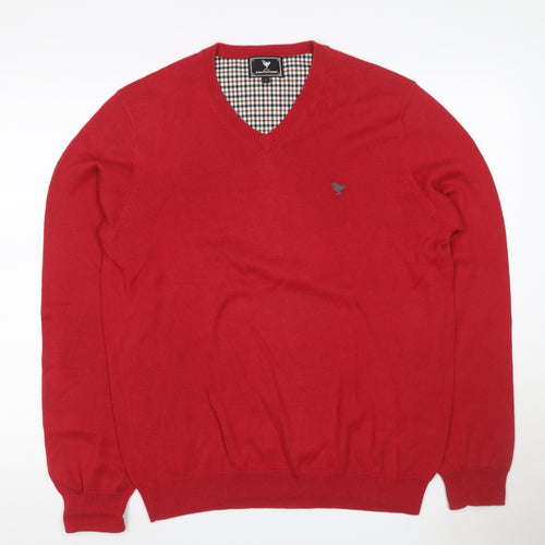 John Partridge Men’s Red Cotton V-Neck Logo Knit Jumper Size L
