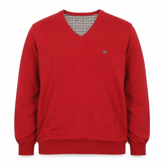 Front view of John Partridge Men’s Red Cotton V-Neck Logo Knit Jumper, size L