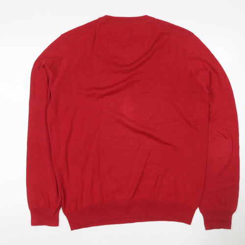 John Partridge Men’s Red Cotton V-Neck Logo Knit Jumper Size L