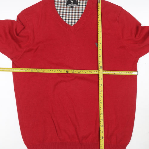 John Partridge Men’s Red Cotton V-Neck Logo Knit Jumper Size L