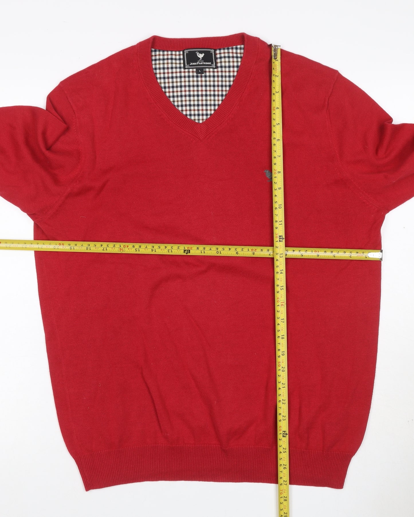 John Partridge Men’s Red Cotton V-Neck Logo Knit Jumper Size L