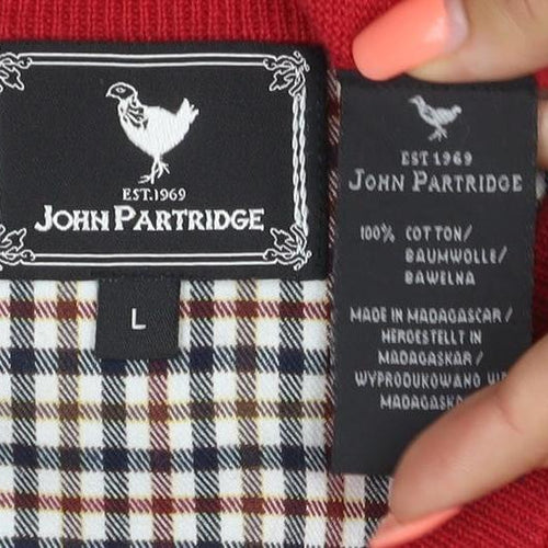John Partridge Men’s Red Cotton V-Neck Logo Knit Jumper Size L