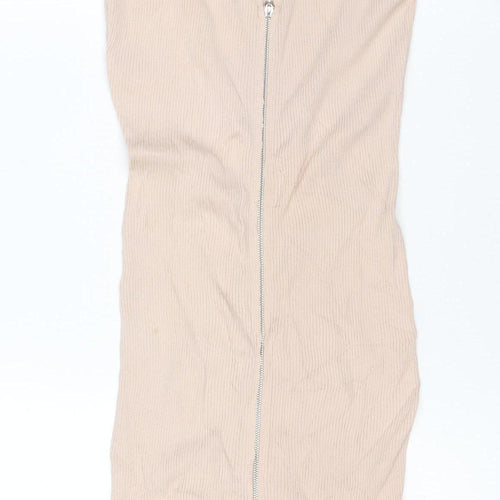 New Look Women Beige Size 10 Long Ribbed Knit Bodycon Zip Dress