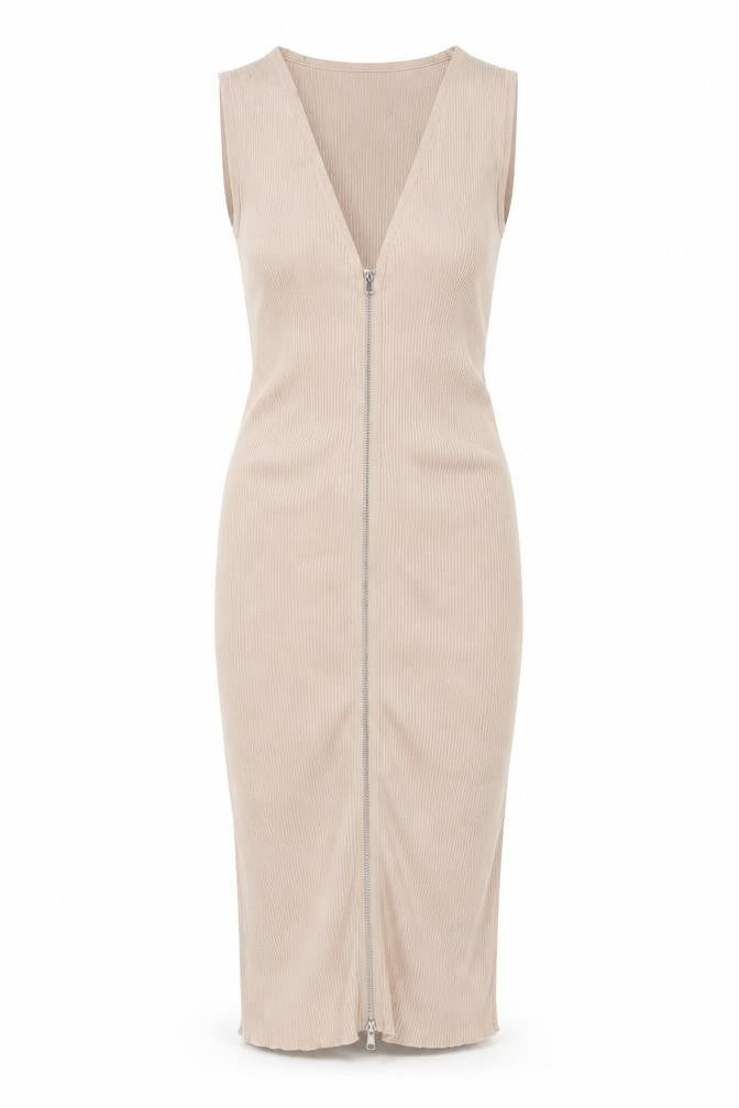 New Look Women Beige Size 10 Long Ribbed Knit Bodycon Zip Dress