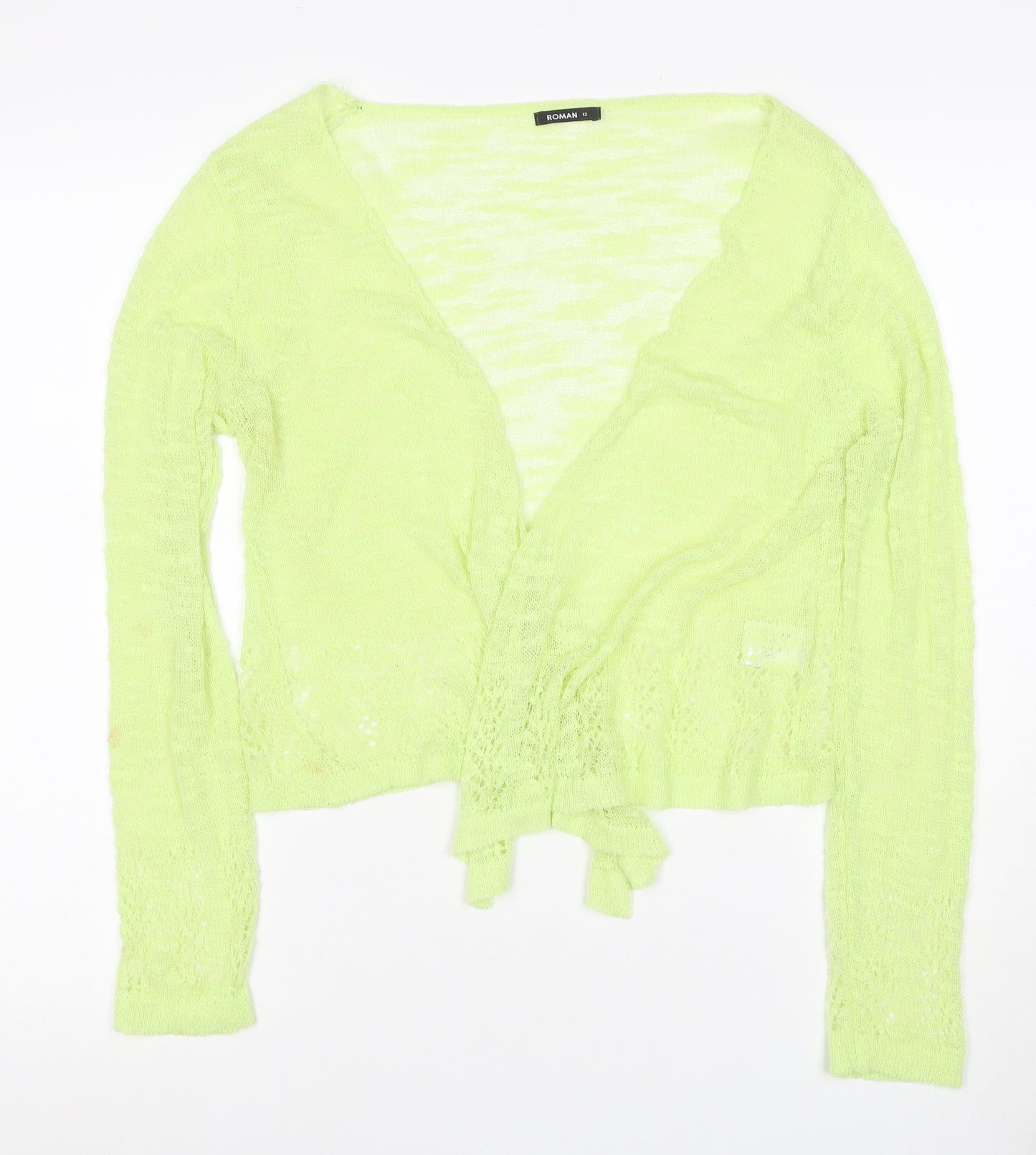 Roman Women Green Size 12 Sheer Lace Knit Wrap Tie Blouse Long Sleeve