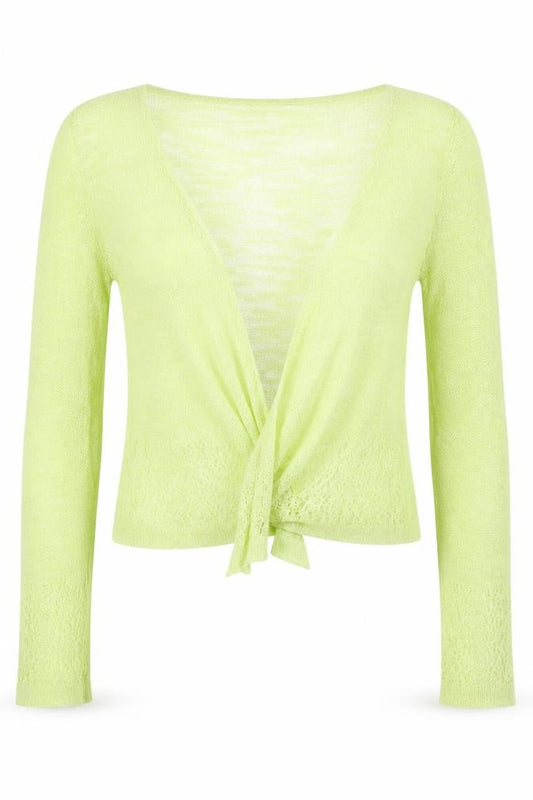 Front view of Roman Women Green, size 12, Sheer Lace Knit Wrap Tie Blouse Long Sleeve