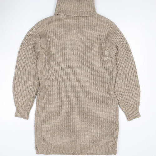 M&S Women Beige M Knit Roll Neck Long Sleeve Jumper Dress