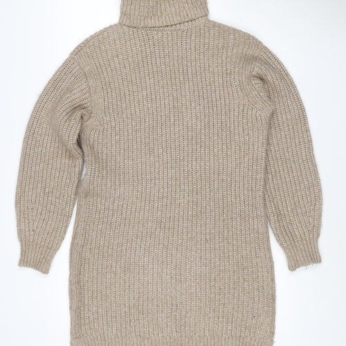 M&S Women Beige M Knit Roll Neck Long Sleeve Jumper Dress