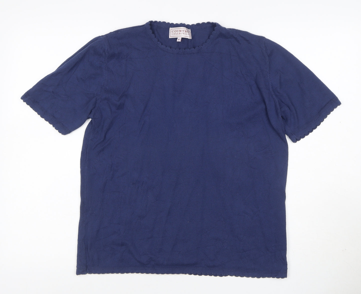 Country Collection Women Blue M Cotton Puff Sleeve Scallop Trim T-Shirt