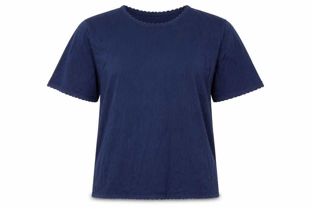 Country Collection Women Blue M Cotton Puff Sleeve Scallop Trim T-Shirt