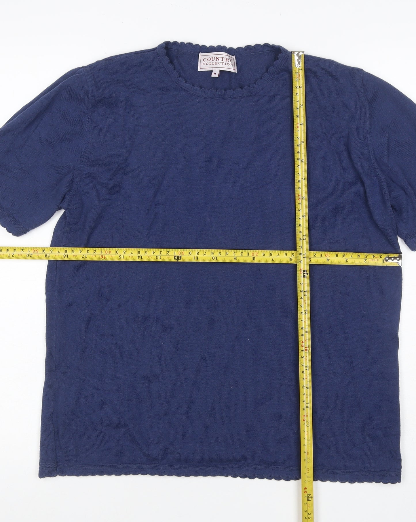 Country Collection Women Blue M Cotton Puff Sleeve Scallop Trim T-Shirt