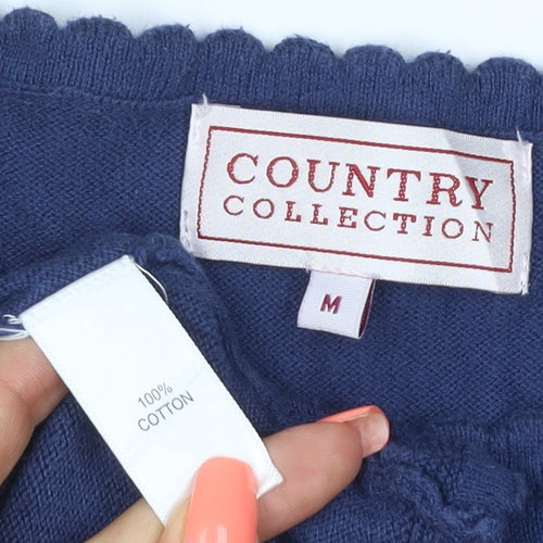 Country Collection Women Blue M Cotton Puff Sleeve Scallop Trim T-Shirt