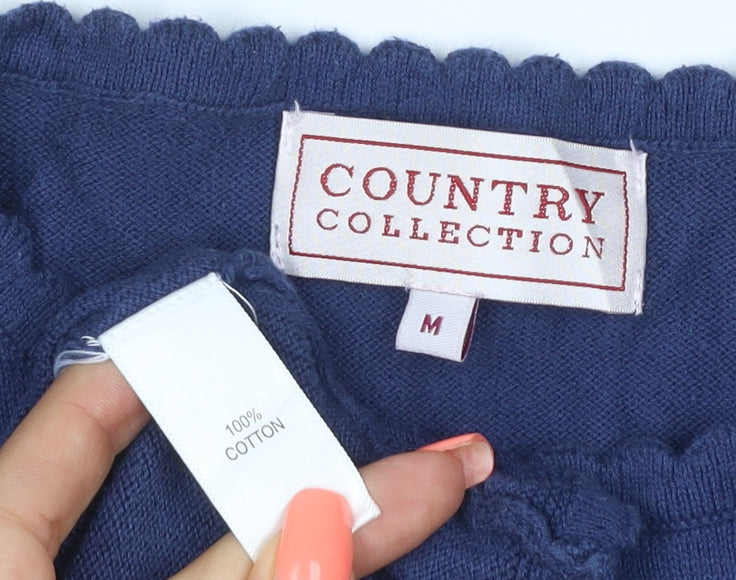 Country Collection Women Blue M Cotton Puff Sleeve Scallop Trim T-Shirt