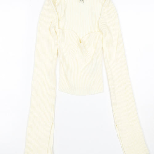 Urban Outfitters Women Ivory S Petite Ribbed V-Neck Slim Jumper