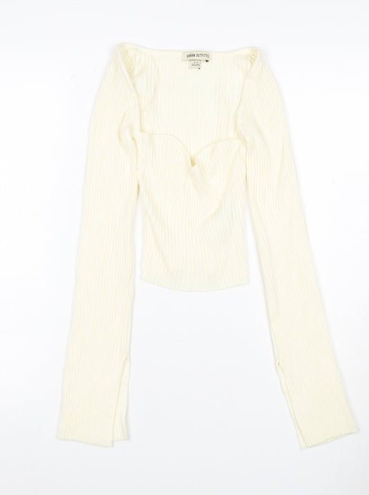 Urban Outfitters Women Ivory S Petite Ribbed V-Neck Slim Jumper