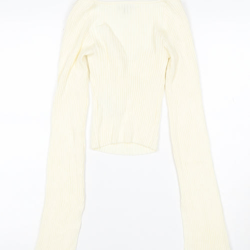 Urban Outfitters Women Ivory S Petite Ribbed V-Neck Slim Jumper