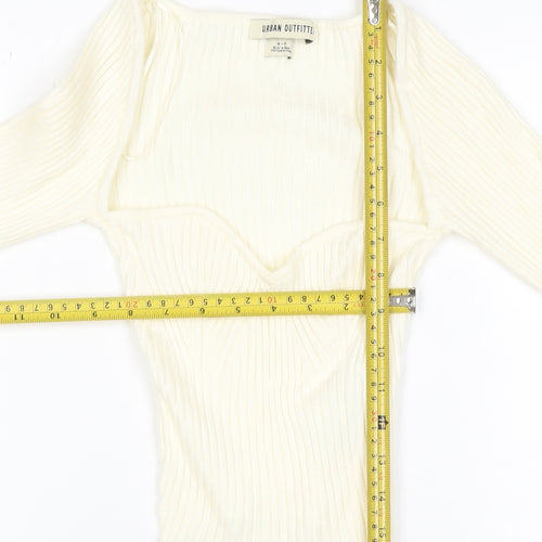 Urban Outfitters Women Ivory S Petite Ribbed V-Neck Slim Jumper