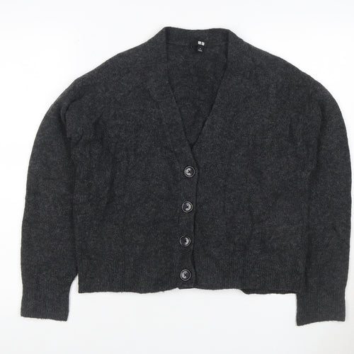 UNIQLO Women Grey Wool Blend V-Neck Button Cardigan Size S
