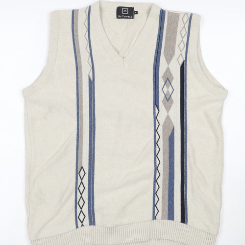 McConnell Men’s Beige M Argyle V-Neck Cotton Knit Sleeveless Jumper Vest