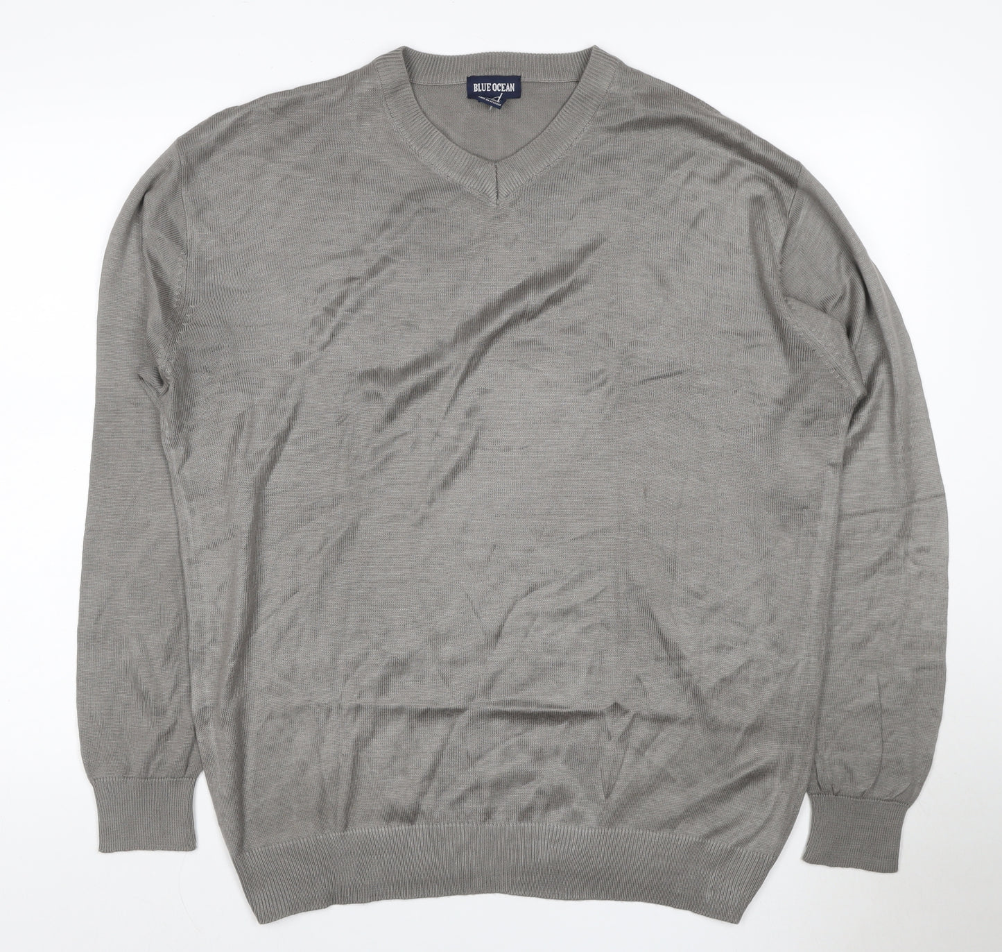 Blue Ocean Men Grey L V-Neck Lightweight Acrylic Pullover Jumper