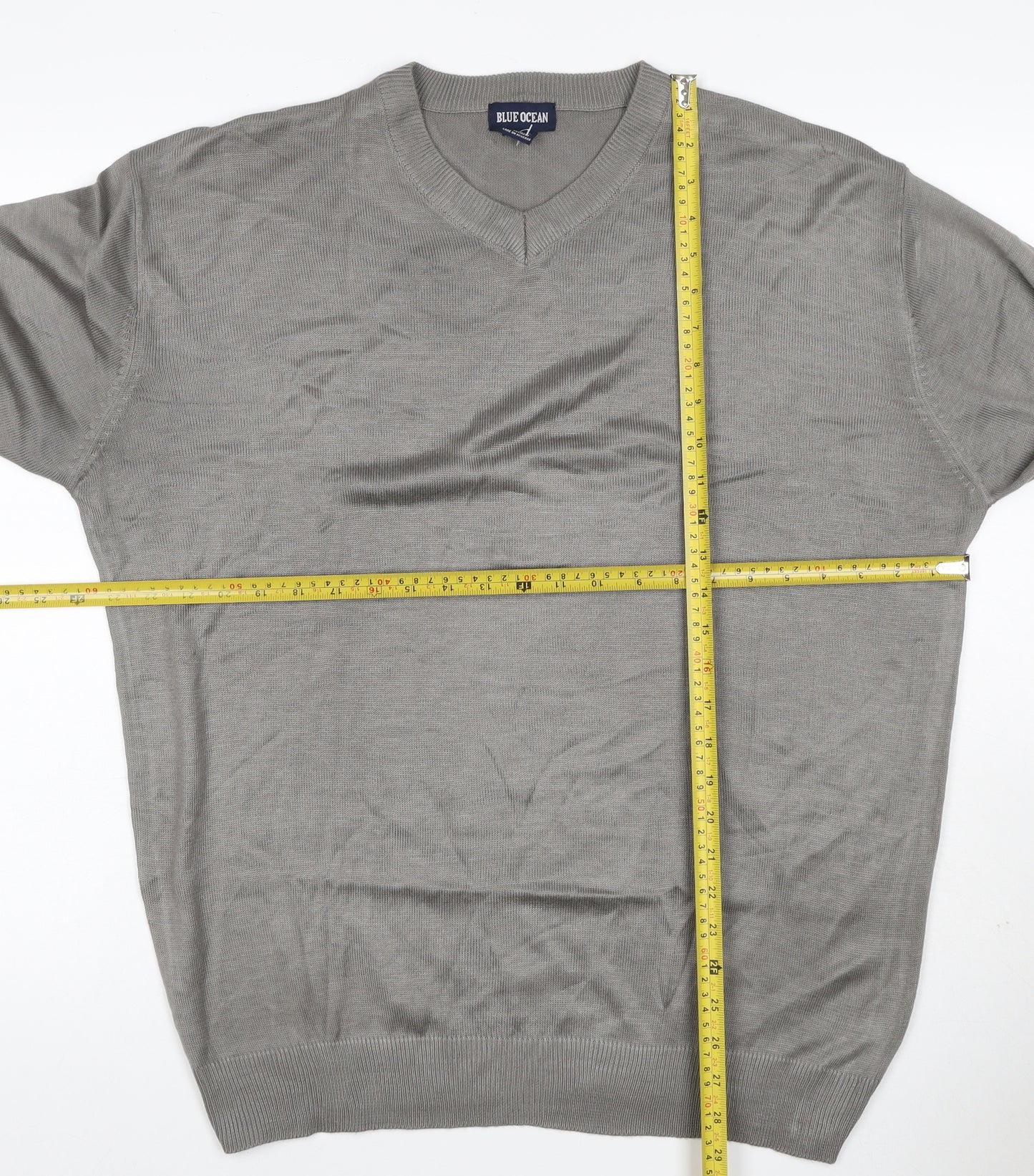 Blue Ocean Men Grey L V-Neck Lightweight Acrylic Pullover Jumper