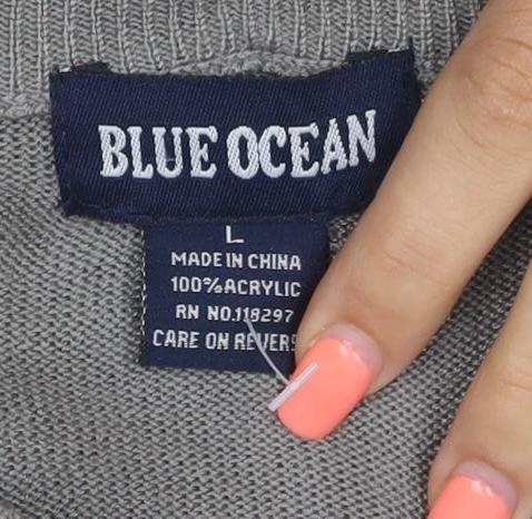 Blue Ocean Men Grey L V-Neck Lightweight Acrylic Pullover Jumper