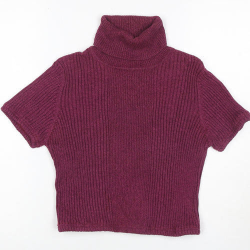 Valerie Stevens Women Purple M Rib Knit Roll Neck Cap Sleeve Top