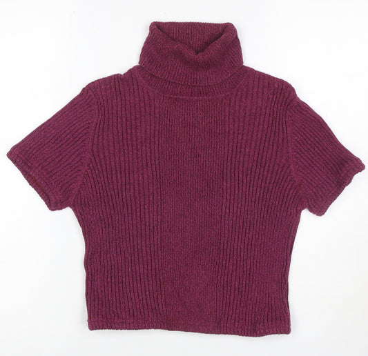 Valerie Stevens Women Purple M Rib Knit Roll Neck Cap Sleeve Top
