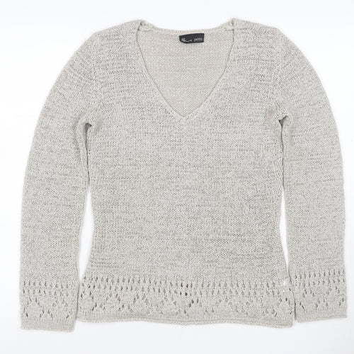 Bhs Petite Women’s Grey UK 12 V-Neck Open Knit Pullover Jumper