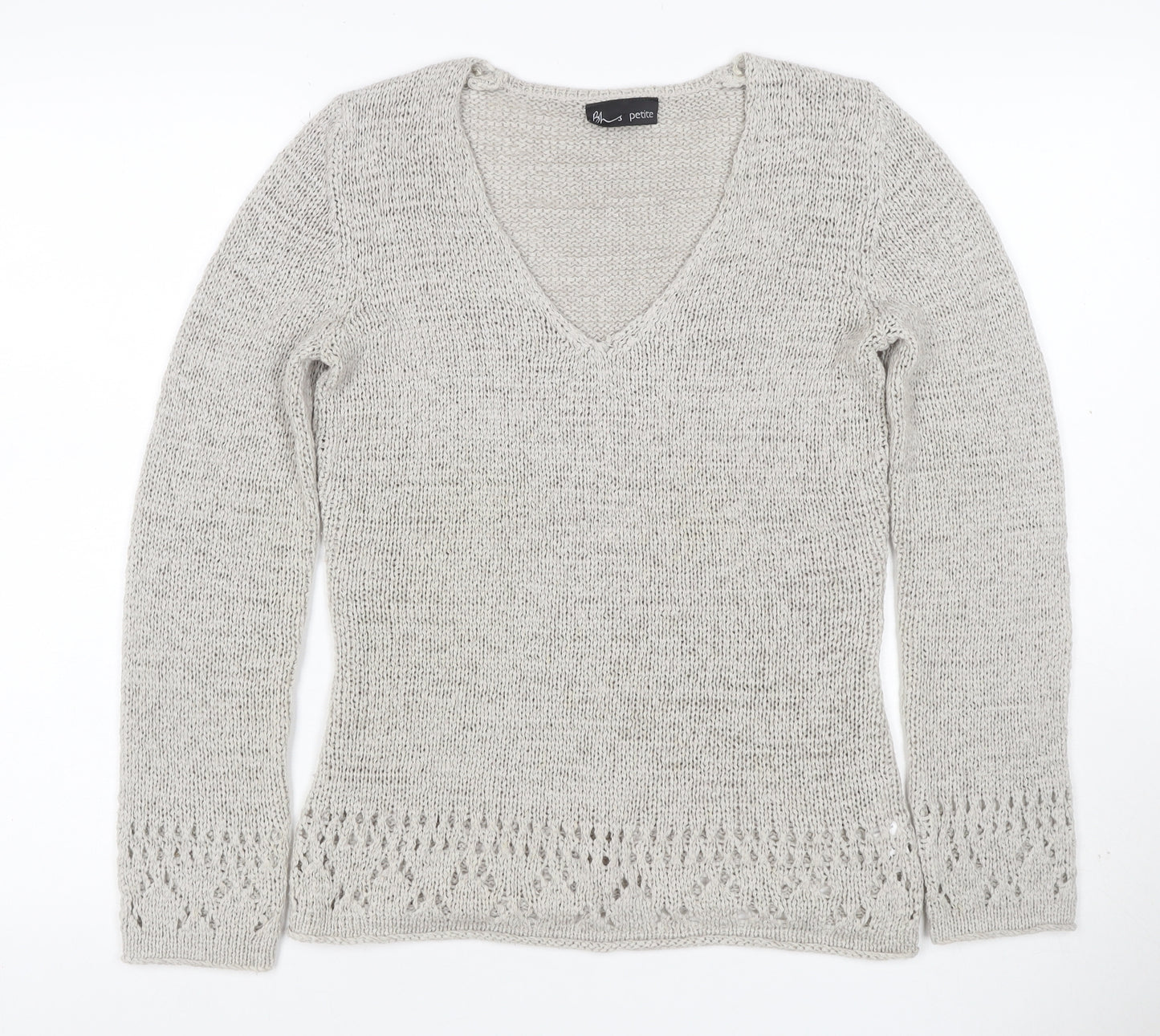 Bhs Petite Women’s Grey UK 12 V-Neck Open Knit Pullover Jumper