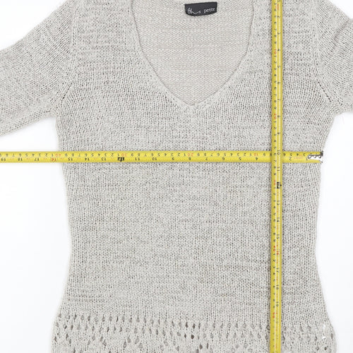 Bhs Petite Women’s Grey UK 12 V-Neck Open Knit Pullover Jumper