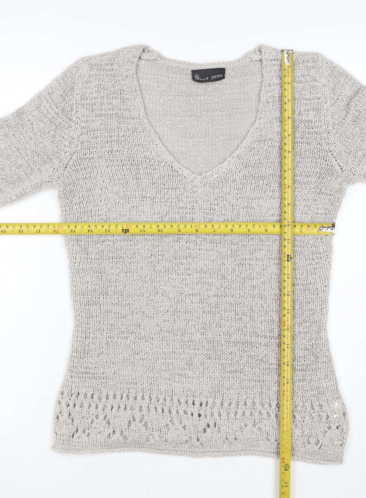 Bhs Petite Women’s Grey UK 12 V-Neck Open Knit Pullover Jumper