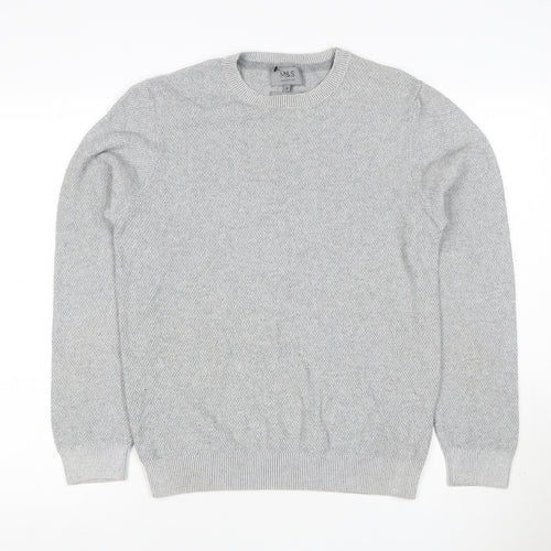 Marks and Spencer Men Grey S Cotton Crew Neck Knit Pullover Jumper