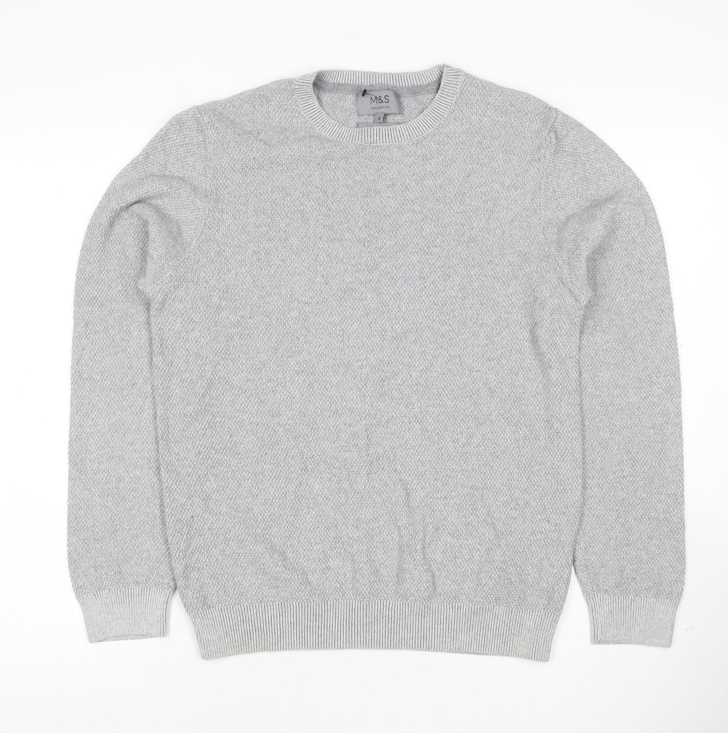 Marks and Spencer Men Grey S Cotton Crew Neck Knit Pullover Jumper