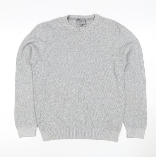 Marks and Spencer Men Grey S Cotton Crew Neck Knit Pullover Jumper