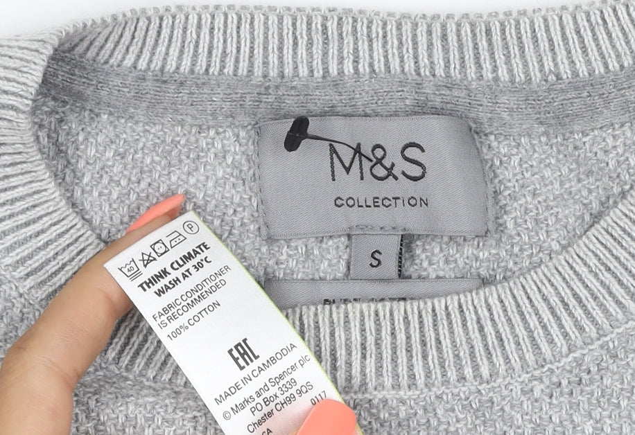 Marks and Spencer Men Grey S Cotton Crew Neck Knit Pullover Jumper