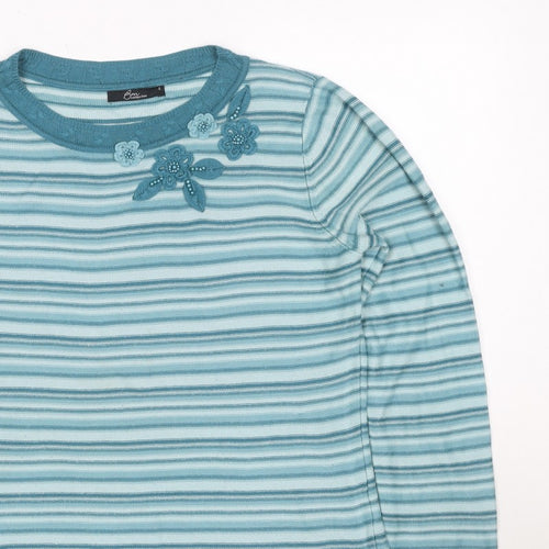 BM Collection Women's Blue S Striped Floral Beaded Round Neck Jumper