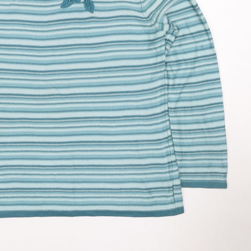 BM Collection Women's Blue S Striped Floral Beaded Round Neck Jumper