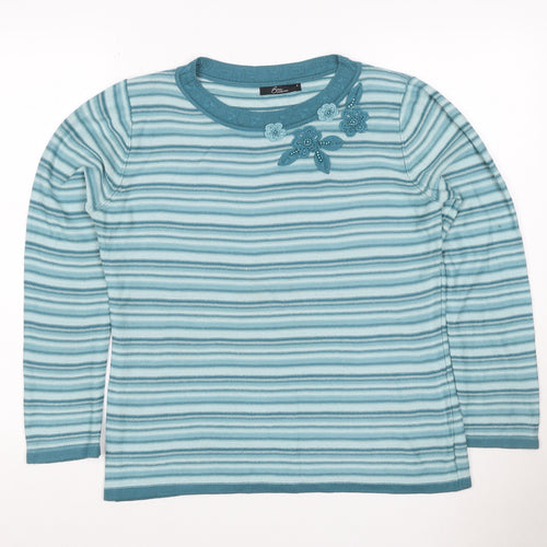BM Collection Women's Blue S Striped Floral Beaded Round Neck Jumper