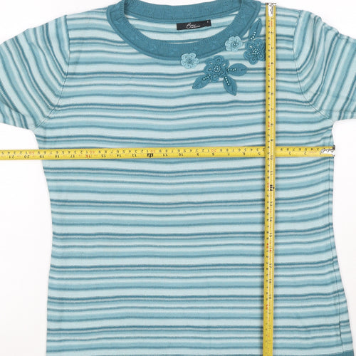 BM Collection Women's Blue S Striped Floral Beaded Round Neck Jumper