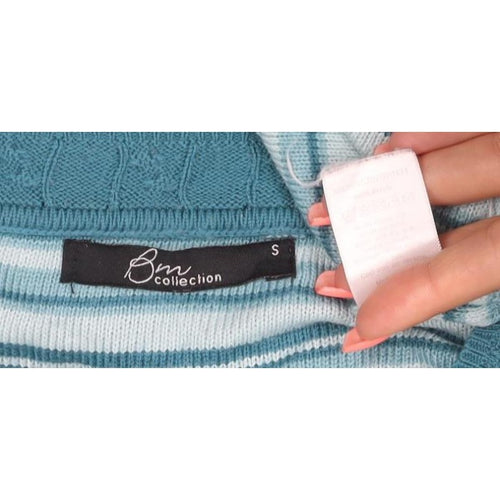 BM Collection Women's Blue S Striped Floral Beaded Round Neck Jumper